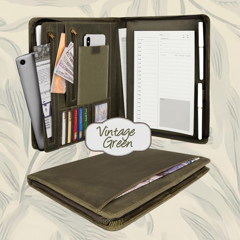 Handmade Full Grain Leather Portfolio: Brass Zipper, Engraved Executive Gift Vintage Green
