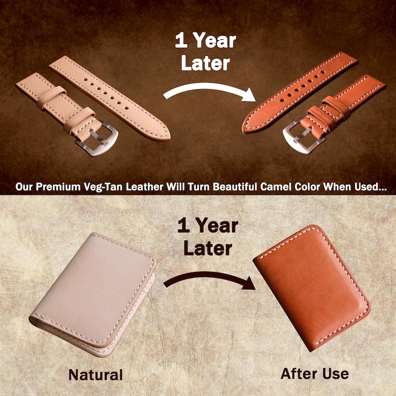 May include: Two leather watch straps, one light brown and one dark brown, showing the color change after one year of use. The text "1 Year Later" is shown above each strap. Below the straps, two leather wallets, one light brown and one dark brown, show the same color change after one year of use. The text "Natural" is below the light brown wallet and "After Use" is below the dark brown wallet.