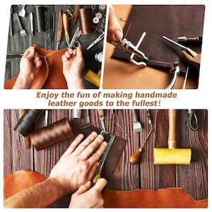 Puede incluir: Primer plano de una persona trabajando en un proyecto de artesan&iacute;a de cuero. La imagen muestra varias herramientas y materiales, incluyendo cuero, hilo, agujas y un martillo. El texto "Enjoy the fun of making handmade leather goods to the fullest!" es visible en la imagen.
