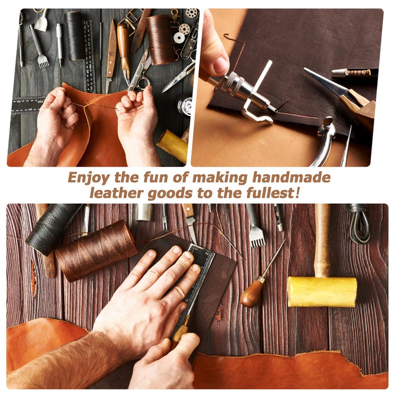 Puede incluir: Primer plano de una persona trabajando en un proyecto de artesan&iacute;a de cuero. La imagen muestra varias herramientas y materiales, incluyendo cuero, hilo, agujas y un martillo. El texto "Enjoy the fun of making handmade leather goods to the fullest!" es visible en la imagen.