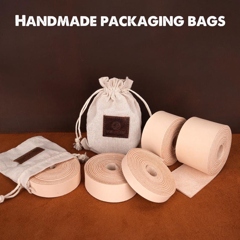 May include: A set of four handmade leather packaging bags. The bags are made of natural leather and have a light brown color. The bags are perfect for packaging small items, such as jewelry, cosmetics, or gifts.