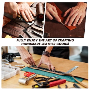 May include: Image showcasing the process of crafting leather goods. Hands are shown using various tools like scissors, rulers, and punches on brown leather. The text "FULLY ENJOY THE ART OF CRAFTING HANDMADE LEATHER GOODS!" is displayed.
