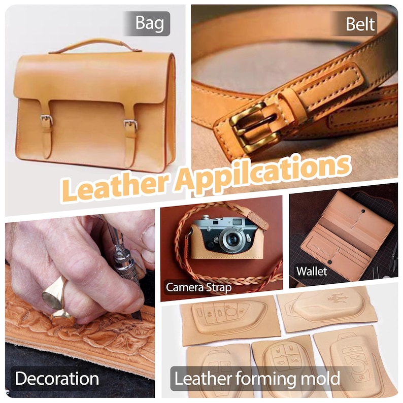 May include: A collage of images showcasing various leather applications, including a brown leather bag, belt, wallet, camera strap, and leather forming molds. The text "Leather Applications" is displayed in the center of the collage.