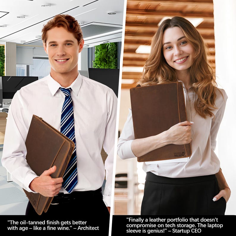 Handmade Full Grain Leather Portfolio: Brass Zipper, Engraved Executive Gift image 13
