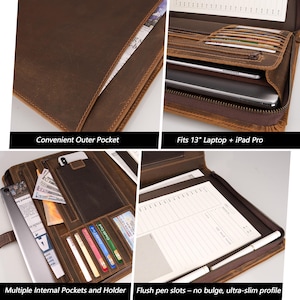 May include: Brown leather portfolio with a zipper closure. The portfolio has multiple internal pockets and a dedicated slot for a pen. It also has a large pocket on the outside and fits a 13-inch laptop and iPad Pro.