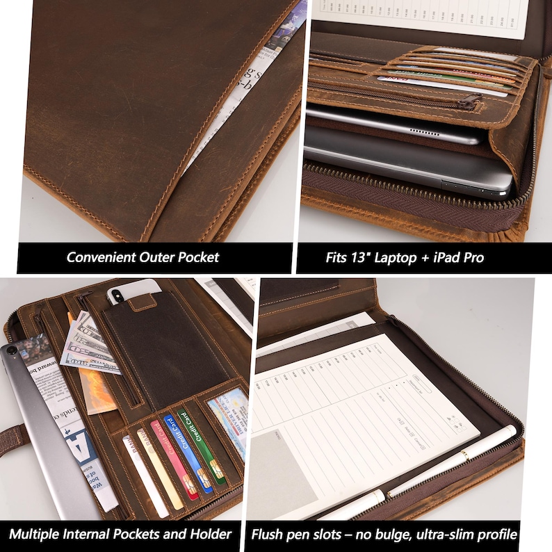 May include: Brown leather portfolio with a zipper closure. The portfolio has multiple internal pockets and a dedicated slot for a pen. It also has a large pocket on the outside and fits a 13-inch laptop and iPad Pro.