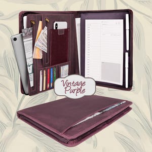 Handmade Full Grain Leather Portfolio: Brass Zipper, Engraved Executive Gift Vintage Purple