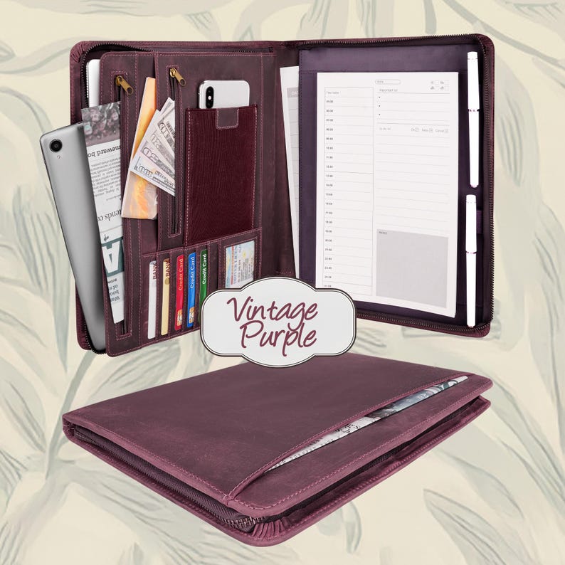 Handmade Full Grain Leather Portfolio: Brass Zipper, Engraved Executive Gift Vintage Purple