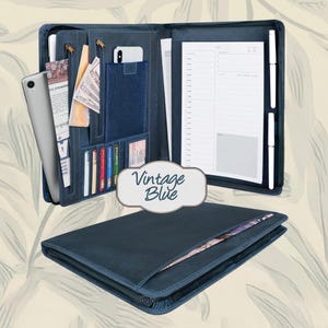 Handmade Full Grain Leather Portfolio: Brass Zipper, Engraved Executive Gift Vintage  Blue