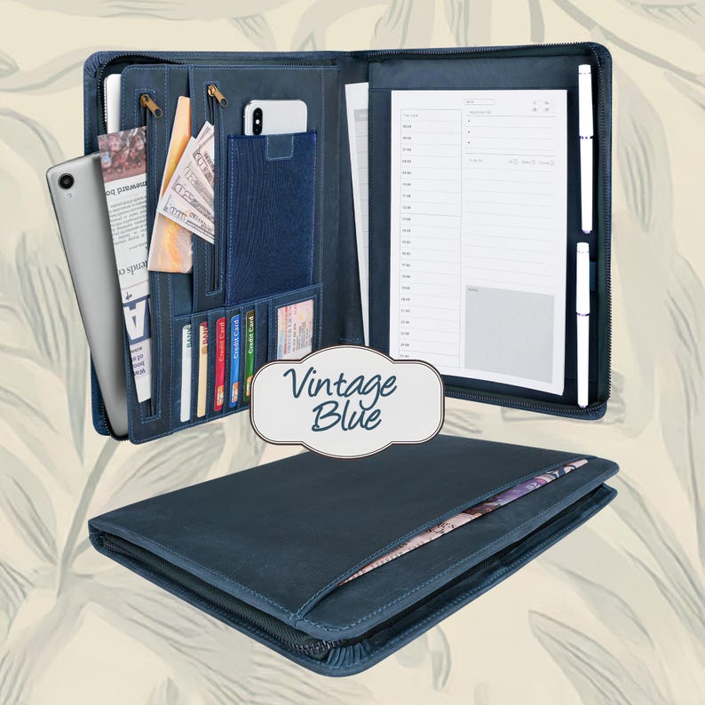 Handmade Full Grain Leather Portfolio: Brass Zipper, Engraved Executive Gift Vintage  Blue
