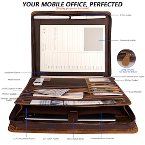 May include: Brown leather portfolio with multiple pockets and compartments, including a 12.4 inch document pocket, a 13 inch tablet pocket, and a velcro safety strap. The portfolio also features a screen protector soft pad, 5 card holders, an ID card pocket, a phone pocket, a small zipped pocket, a medium pocket, and a medium zipped pocket. The portfolio has a notebook holder and two pen holders.
