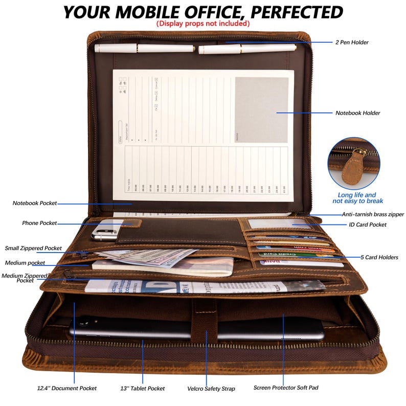 May include: Brown leather portfolio with multiple pockets and compartments, including a 12.4 inch document pocket, a 13 inch tablet pocket, and a velcro safety strap. The portfolio also features a screen protector soft pad, 5 card holders, an ID card pocket, a phone pocket, a small zipped pocket, a medium pocket, and a medium zipped pocket. The portfolio has a notebook holder and two pen holders.