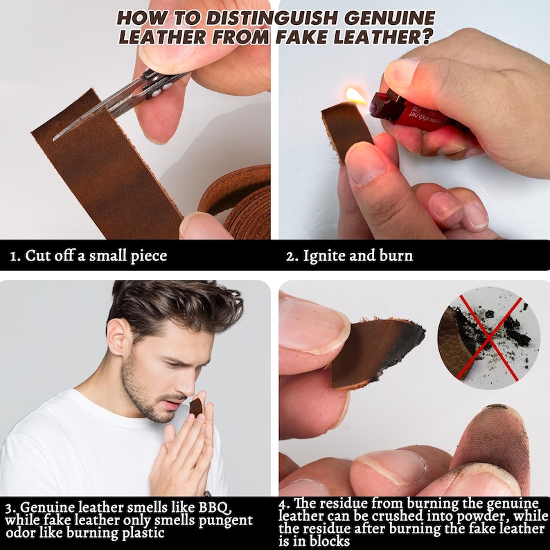 May include: An educational graphic demonstrating how to distinguish genuine leather from fake leather. The image shows steps including cutting, burning, smelling, and examining the residue. Text includes "HOW TO DISTINGUISH GENUINE LEATHER FROM FAKE LEATHER?"
