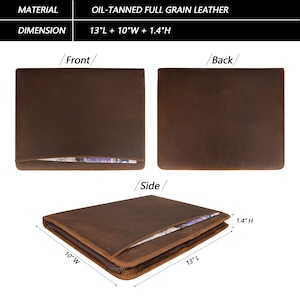 May include: A brown leather laptop sleeve with a zipper closure. The sleeve measures 13 inches long, 10 inches wide, and 1.4 inches high. The sleeve has a pocket on the front and back.