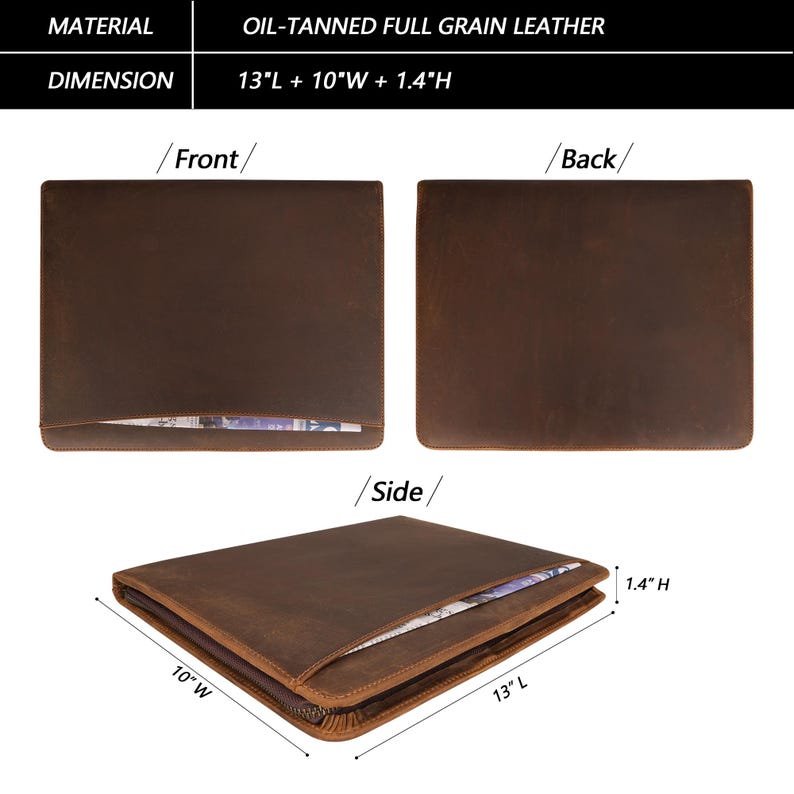 May include: A brown leather laptop sleeve with a zipper closure. The sleeve measures 13 inches long, 10 inches wide, and 1.4 inches high. The sleeve has a pocket on the front and back.