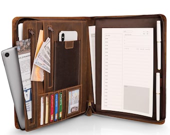 Handmade Brass-Zipper Leather Portfolio - Full Grain Vintage Organizer with iPad Pocket Engraved Executive Gift for Corporate & Graduations