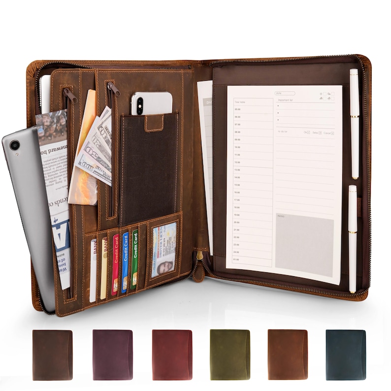 Handmade Full Grain Leather Portfolio: Brass Zipper, Engraved Executive Gift image 2