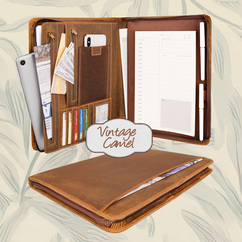 Handmade Full Grain Leather Portfolio: Brass Zipper, Engraved Executive Gift Vintage Camel
