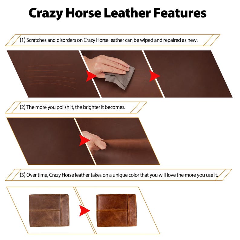 May include: An infographic titled "Crazy Horse Leather Features" shows how to care for the leather. It shows how scratches can be wiped away, how polishing makes it brighter, and how the color changes over time. Two brown leather wallets are shown.