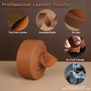 Puede incluir: Primer plano de un rollo de cuero marr&oacute;n. El cuero se describe como de primera calidad, duradero y flexible, inodoro y resistente a las grietas. El texto "Professional Leather Quality" est&aacute; en la parte superior de la imagen.