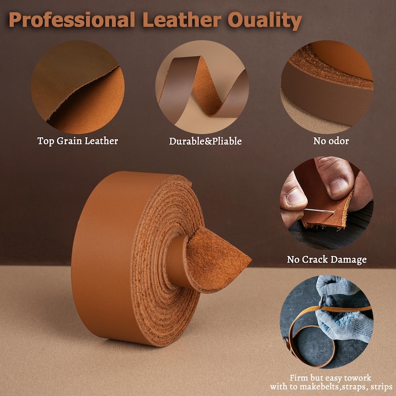Puede incluir: Primer plano de un rollo de cuero marr&oacute;n. El cuero se describe como de primera calidad, duradero y flexible, inodoro y resistente a las grietas. El texto "Professional Leather Quality" est&aacute; en la parte superior de la imagen.