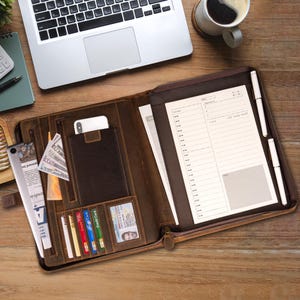 Handmade Full Grain Leather Portfolio: Brass Zipper, Engraved Executive Gift image 4