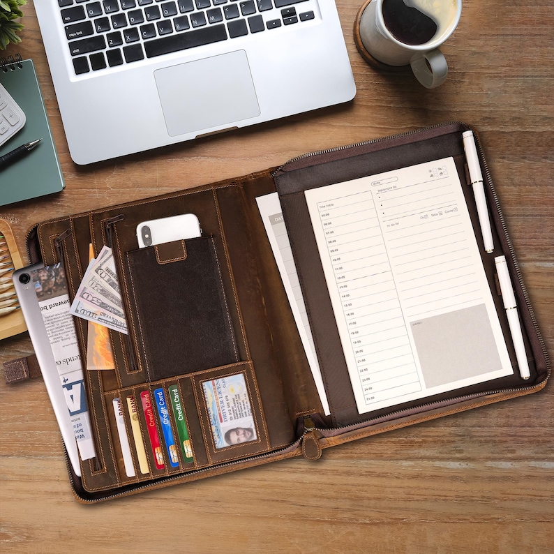 Handmade Full Grain Leather Portfolio: Brass Zipper, Engraved Executive Gift image 4