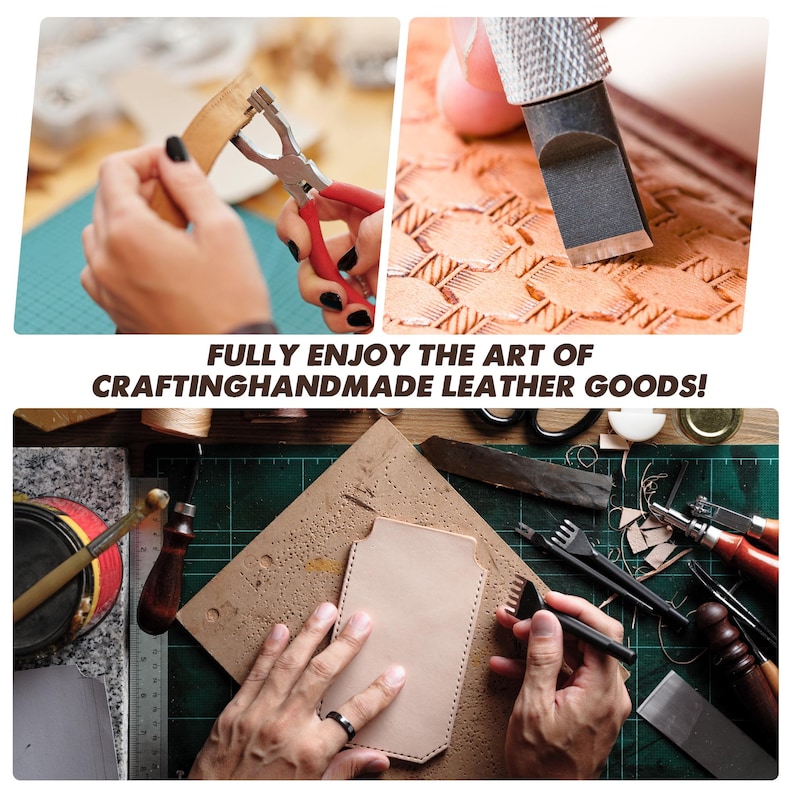 May include: A close-up of a person using leatherworking tools to craft a leather item. The tools include a leather punch, a stitching awl, and a leather carving tool. The leather is a light brown color and is being worked on a wooden surface. The text "FULLY ENJOY THE ART OF CRAFTING HANDMADE LEATHER GOODS!" is displayed on the image.