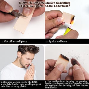 May include: How to tell real leather from fake leather. A close-up image shows a person cutting a piece of leather with scissors, then burning it with a lighter. The image shows the difference in the smell and residue of real leather versus fake leather.