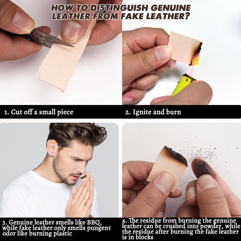 May include: How to tell real leather from fake leather. A close-up image shows a person cutting a piece of leather with scissors, then burning it with a lighter. The image shows the difference in the smell and residue of real leather versus fake leather.