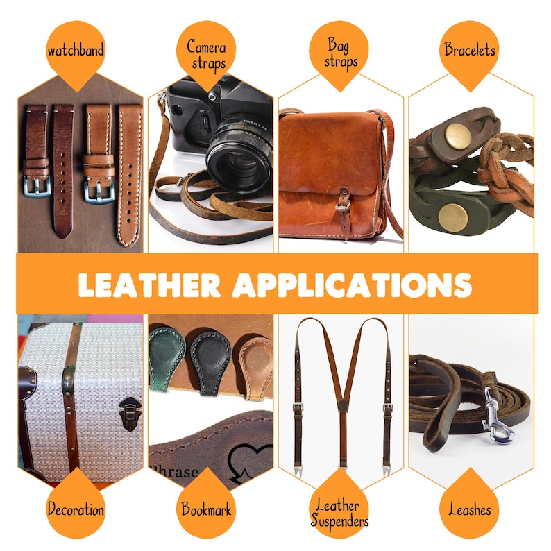 May include: An image showcasing various leather applications. It features watchbands, camera straps, bag straps, and bracelets. Other items include decoration, bookmarks, leather suspenders, and leashes. The text "LEATHER APPLICATIONS" is prominently displayed.