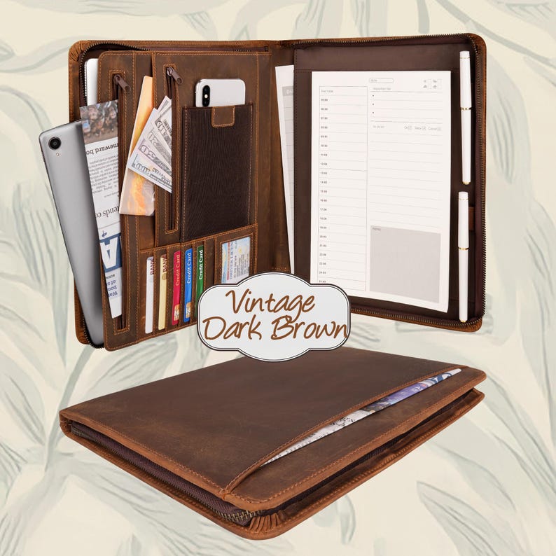 Handmade Full Grain Leather Portfolio: Brass Zipper, Engraved Executive Gift Vintage Dark Brown