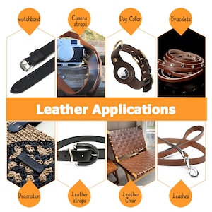 Puede incluir: Un collage de im&aacute;genes que muestran diferentes aplicaciones para el cuero. Las im&aacute;genes muestran una correa de reloj, correas de c&aacute;mara, un collar de perro, pulseras, una correa de cuero en una bolsa tejida, un cintur&oacute;n de cuero, una silla de cuero y una correa de cuero.