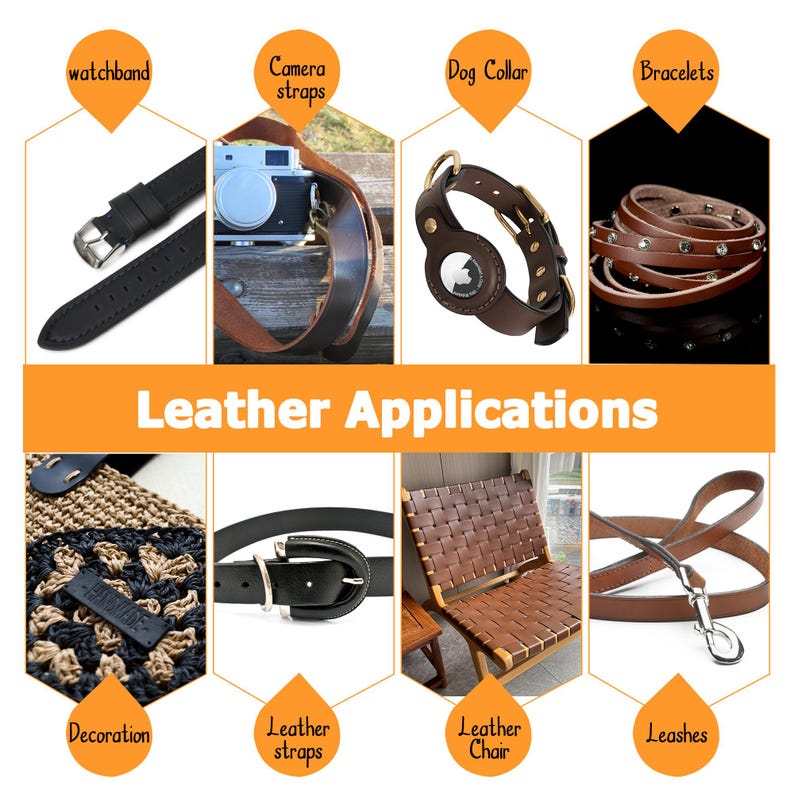 Puede incluir: Un collage de im&aacute;genes que muestran diferentes aplicaciones para el cuero. Las im&aacute;genes muestran una correa de reloj, correas de c&aacute;mara, un collar de perro, pulseras, una correa de cuero en una bolsa tejida, un cintur&oacute;n de cuero, una silla de cuero y una correa de cuero.