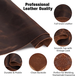 May include: A rolled sheet of brown leather with the text "Professional Leather Quality." The image highlights the full grain, smooth top with a vintage look, and clean backside. The leather is durable and pliable.