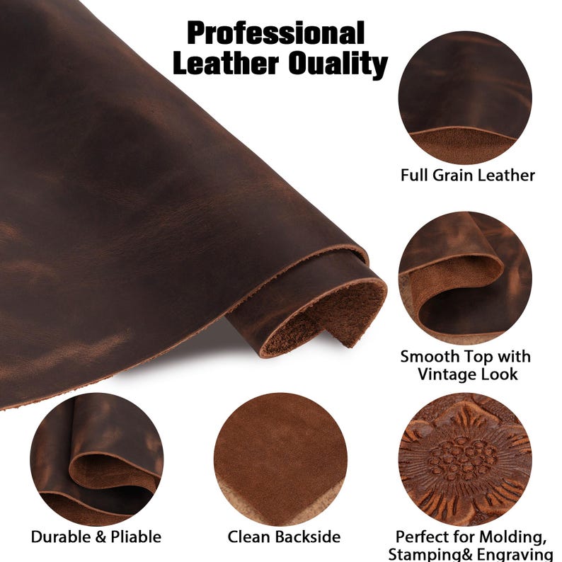 May include: A rolled sheet of brown leather with the text "Professional Leather Quality." The image highlights the full grain, smooth top with a vintage look, and clean backside. The leather is durable and pliable.