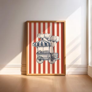 Vintage blauwe ballonkar Girly afdrukbare muurkunst, retro themapark afdrukbaar schilderij, preppy kamerdecor, kinderkamer kunst digitale download