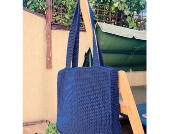 Bolso de mano de crochet hecho a mano, bolso de hombro ecológico, bolso de mercado azul marino, bolso de playa de verano, bolso informal de uso diario, hilo de algodón duradero