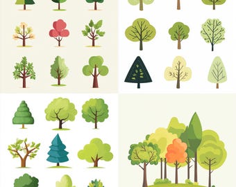 Op de afbeelding: Een verzameling van verschillende gestileerde boomillustraties in tinten groen, bruin en rood. De bomen hebben verschillende vormen en maten, waaronder dennenbomen, loofbomen en bomen met ronde kruinen. De achtergrond is lichtbeige.