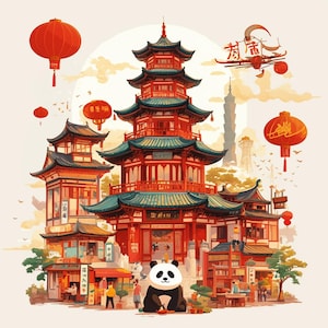 Puede incluir: Ilustración de una pagoda china tradicional con tejados rojos y turquesas, rodeada de linternas rojas. Un panda está sentado frente a la pagoda. La imagen tiene una paleta de colores cálidos y un estilo caprichoso.