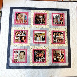 Family Photo Memory Quilt Grandchild, Anniversary, Birthday, Pets Graduation, collage designs w/ coordinating fabric  borders size 60x60 in.