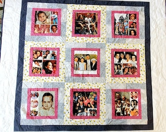 Family Photo Memory Quilt Grandchild, Anniversary, Birthday, Pets Graduation, collage designs w/ coordinating fabric  borders size 60x60 in.