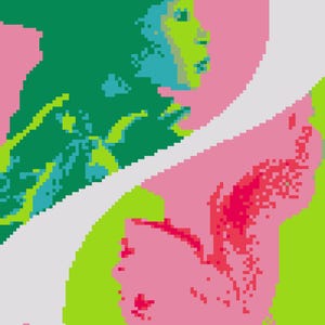 Könnte beinhalten: Pixelige digitale Kunst mit zwei Profilen in kontrastierenden Farben. Ein Profil ist grün und blau vor einem rosa Hintergrund, das andere ist rosa vor einem grünen Hintergrund. Weiße und rosa Symbole sind ebenfalls vorhanden.