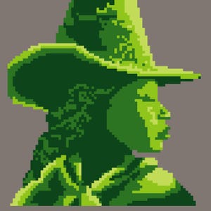 May include: Pixelated digital art portrait of a person wearing a wide-brimmed hat, rendered in shades of green against a gray background. The artwork has a retro, 8-bit video game aesthetic.