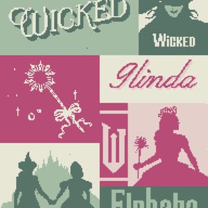 May include: A digital art print with the word "WICKED" and character silhouettes. The design incorporates the names "Glinda" and "Elphaba", alongside images of a witch and a magic wand.