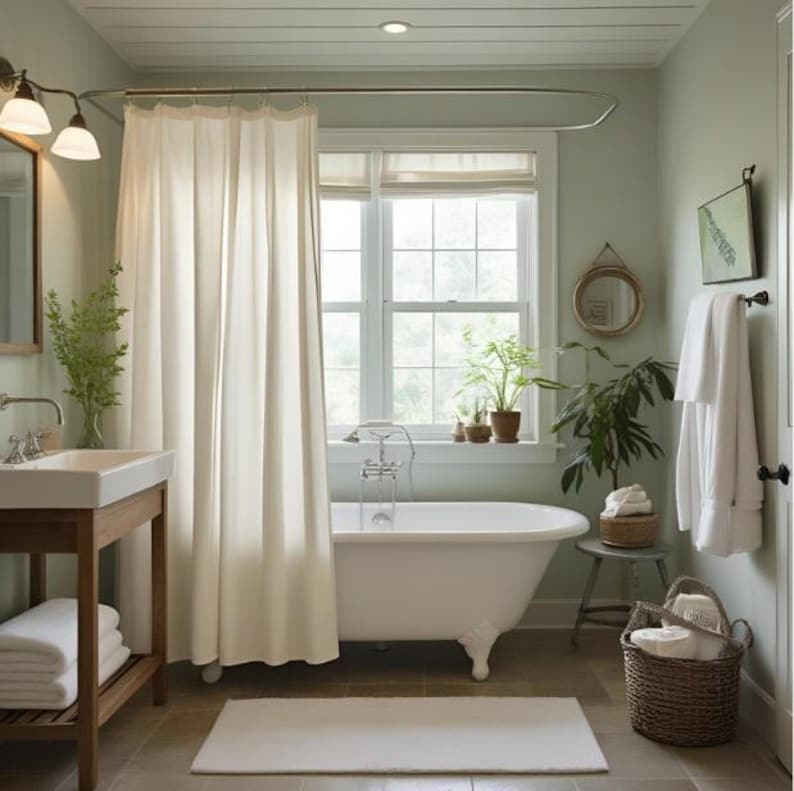 Puede incluir: Un ba&ntilde;o sereno con una ba&ntilde;era con patas, una cortina de ducha blanca y un tocador de madera. La habitaci&oacute;n cuenta con una ventana con luz natural, plantas en macetas y una cesta de mimbre. Las paredes est&aacute;n pintadas de verde claro.