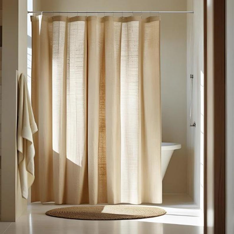 Puede incluir: Una cortina de ducha beige cuelga de una barra plateada en un ba&ntilde;o. La cortina tiene rayas verticales de diferentes tonos de beige. Una toalla a juego cuelga de la pared. Una alfombra redonda y tejida est&aacute; en el suelo.
