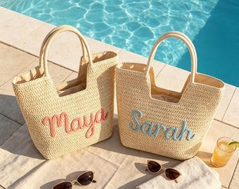 Spersonalizowana torba plażowa na basen, spersonalizowana torba plażowa ze słomy, prezenty dla dziewczynek na wycieczkę, tropikalne dodatki wakacyjne, upominek na wieczór panieński
