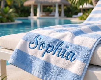 Custom Embroidered Pool Towel for Adults, Personalized Cotton Beach Towel with Monogram, Cabana Stripe Bath Towel, Perfect Wedding Favor