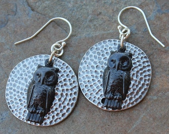 Night Owl & Harvest Moon Earrings - Gunmetal Black Owls, Hammered Silver Plated Discs- Sterling Silver Hooks